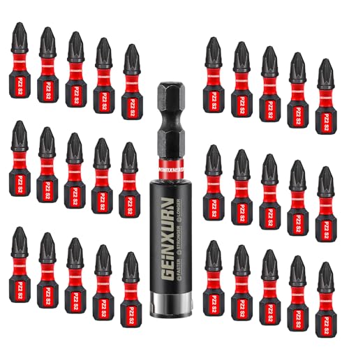 Geinxurn 30 Stück PZ2 Schrauber Bit Set, 25mm Länge #2 Pozidriv 1/4 zoll Sechskantschaft S2 Legierter Stahl Schlagfester Bitsatz mit 1 Stück 60mm Magnetische Bit-Halter von GEINXURN