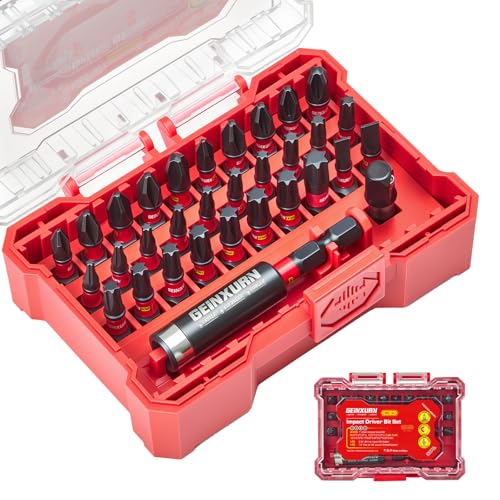 Geinxurn 32tlg. Schlagfester Schraubendreher Bits Set (Torx, Kreuzschlitz, Pozidriv), S2-Stahl Magnetische 1/4 zoll Sechskantschaft Bitsatz, inkl. Bit-Halter Stecknuss-Adapter mit Rot Aufbewahrungsbox von GEINXURN