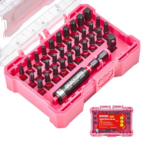 Geinxurn 32tlg. Schlagfester Schraubendreher Torx Bits Set, Bitsatz S2-Stahl Magnetische 1/4 zoll Sechskantschaft, inkl. Bit-Halter Stecknuss-Adapter mit Rosa Aufbewahrungsbox von GEINXURN