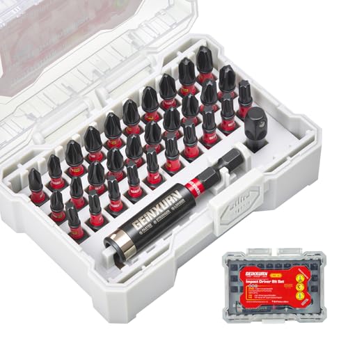 Geinxurn 32tlg. Schlagfester Schrauber Bits Set (Torx, Kreuzschlitz), Phillipes Bitsatz Magnetische S2-Stahl 1/4 zoll Sechskantschaft, inkl. Bit-Halter Stecknuss-Adapter mit Beige Aufbewahrungsbox von GEINXURN