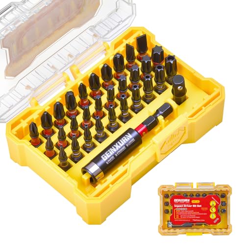 Geinxurn 32tlg. Schlagfester Schrauber Bits Set (Torx, Kreuzschlitz, Pozidriv), Bitsatz Magnetische S2-Stahl 1/4 zoll Sechskantschaft, inkl. Bit-Halter Stecknuss-Adapter mit Gelb Aufbewahrungsbox von GEINXURN