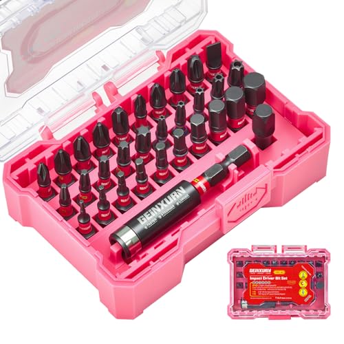 Geinxurn 32tlg. Schlagfester Schrauber Bits Set (Torx, Kreuzschlitz, Pozidriv, Hex), Bitsatz Magnetische S2-Stahl 1/4 zoll Sechskantschaft, inkl. Bit-Halter Stecknuss-Adapter mit Rosa Aufbewahrungsbox von GEINXURN