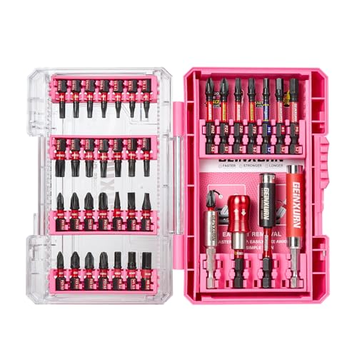 Geinxurn 40-teiliger Schraubendreher-Bitsatz aus schlagfestem, S2-Stahl Magnetische Torx/Phillips/Pozidriv/Schlitz/Hex-Kopf Bit Set, 1/4” Sechskantschaft, inkl. Bit-Halter mit Rosa Aufbewahrungsbox von GEINXURN