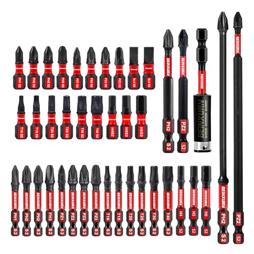 Geinxurn 41tlg. Schlagfester Schrauber Bit Set (PH-, TX-, PZ-, SL-, Hex-), 1/4 zoll Sechskantschaft S2 Legierter Stahl Bitsatz mit 75mm Magnetische Bit-Halter von GEINXURN