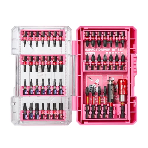 Geinxurn 48-teiliger Schraubendreher-Bitsatz aus schlagfestem, S2-Stahl Magnetische Torx/Phillips/Pozidriv/Schlitz/Hex-Kopf Bit Set, 1/4” Sechskantschaft, inkl. Bit-Halter mit Rosa Aufbewahrungsbox von GEINXURN