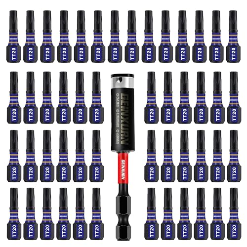 Geinxurn 51 Stück 2,5 cm T20 hohlschlagfestes magnetisches Einsatz-Bit-Set, 20 Torx-Sicherheitskopf-Power-Bits, S2-Stahllegierung, Stern-T20-Schraubendreher-Bit-Set mit 1 Schlag-Bithalter von GEINXURN