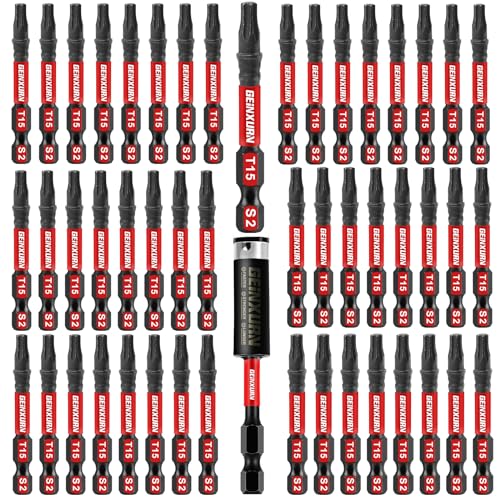 Geinxurn 51-teiliges 5,1 cm T15 schlagfestes magnetisches Einsatz-Bit-Set, 15 Torx-Kopf-Power-Bits, S2-Stahl-Stern-T15-Schraubendreher-Bit-Set mit 1 Schlag-Bithalter von GEINXURN