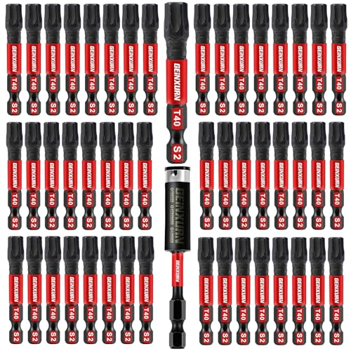 Geinxurn 51-teiliges T40 schlagfestes magnetisches Schraubendreher-Bit-Set, 2,5 cm. #40 Torx-Kopf-Bit-Set, S2-Stahllegierung, T40 Stern-Bit mit 1 Schlag-Bithalter von GEINXURN