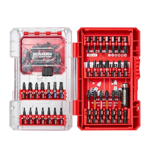 Geinxurn 55-teiliger Schraubendreher-Bitsatz aus schlagfestem, S2-Stahl Magnetische Torx/Phillips/Pozidriv/Schlitz/Hex-Kopf Bit Set, 1/4 zoll Sechskantschaft, inkl. Bit-Halter mit Rot Aufbewahrungsbox von GEINXURN