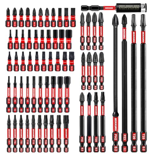 Geinxurn 68tlg. Schlagfester Schrauberbitsatz (PH-, TX-, PZ-, SL-, Hex-), 1/4 zoll Sechskantschaft S2 Legierter Stahl Bit Set mit 75mm Magnetische Bit-Halter von GEINXURN