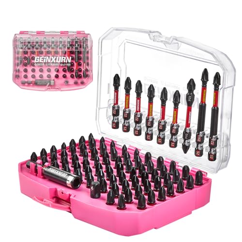 Geinxurn 83tlg. Schlagfester Schraubendreher Kreuzschlitz Pozidriv Bits Set, PH2 PZ2 Lange Bitsatz S2-Stahl Magnetische 1/4” Sechskantschaft, inkl. Bit-Halter mit Rosa Aufbewahrungsbox von GEINXURN