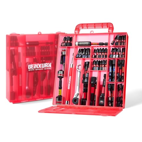Geinxurn 99tlg. Schrauber Bits Set (Torx, Kreuz, PZ, Hex, SL), S2-Stahl Magnetische 1/4” Sechskantschaft Bitsatz, inkl. Bit Halter, Adapter, Steckschlüssel, Schraubenschlüssel mit Rot Aufbewahrungsbox von GEINXURN