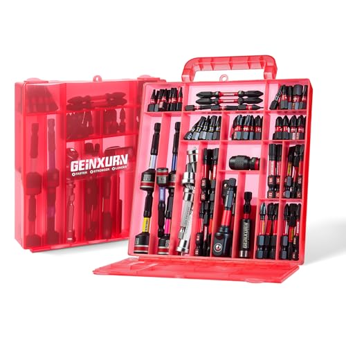 Geinxurn 99tlg. Schrauber Bits Set (Torx, Kreuz, PZ, Hex, SL), S2-Stahl Magnetische Bitsatz, inkl. Bit Halter, Stecknuss Adapter, Steckschlüssel, PH2 Bit mit Tiefenanschlag im Rot Aufbewahrungsbox von GEINXURN