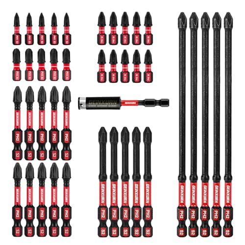 Geinxurn Impact Tough Schraubendreher-Bits für Kreuzschlitz, D2-Stahl, lang, 1/4-Zoll-Sechskantschaft, lang, magnetisch, PH1/PH2/PH3, mit 1 magnetischen Bithalter von GEINXURN