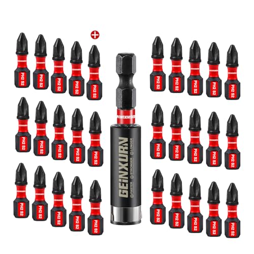 Geinxurn PH2 Kreuzschlitz Schrauber Bit Set, 30 Stück 25mm #2 Phillips 1/4 zoll Sechskantschaft S2 Legierter Schlagfester Stahl Bitsatz mit 1 Stück 60mm Magnetisch Bit-Halter, Bulk von GEINXURN