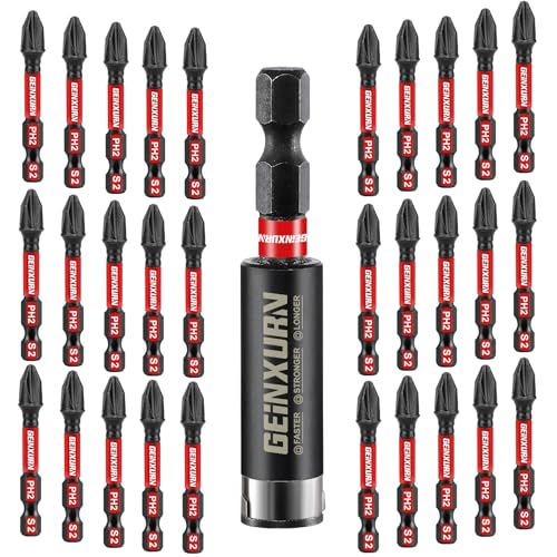 Geinxurn PH2 Schrauber Bit Set, 30 Stück 50mm #2 Phillips 1/4 zoll Sechskantschaft S2 Legierter Schlagfester Stahl Bitsatz mit 1 Stück 60mm Magnetisch Bit-Halter, Bulk Geinxurn PH2 Schrauber Bit Set, 30 Stück 50mm #2 Phillips 1/4 zoll Sechskantschaft S2 Legierter Schlagfester Stahl Bitsatz mit 1 Stück 60mm Magnetisch Bit-Halter, Bulk von GEINXURN