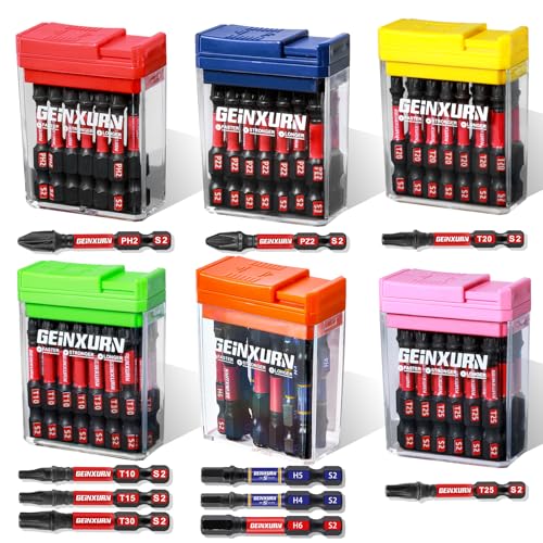Geinxurn Schlagfeste Schraubendreher Bits Set, 90 Stücke 50mm Magnetisch (PH2/PZ2/T10/T15/T20/T25/T30/Hex) S2 Stahl Multi Treiber Bits mit Lagerung Bunte Box von GEINXURN