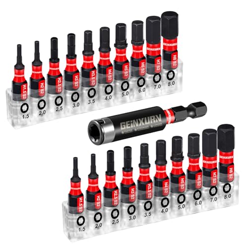 Geinxurn Sechskant Bit Set, 20 Stück Hex(1.5-8mm) 25mm 1/4 zoll Sechskantschaft S2 Legierter Stahl Schlagfester Schrauber Bitsatz mit 1 Stück 60mm Magnetisch Bit-Halter von GEINXURN
