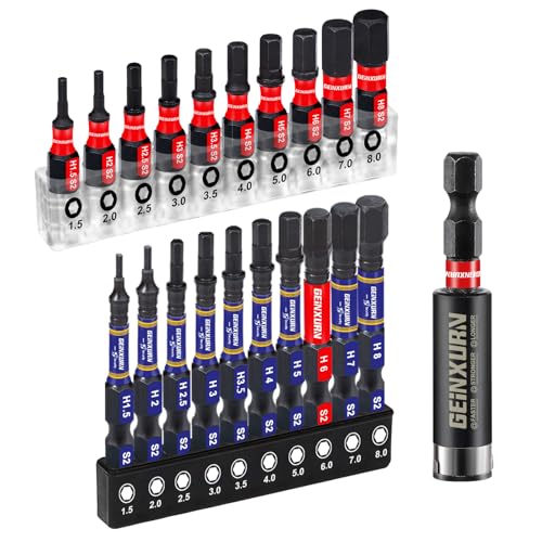 Geinxurn Sechskant Bit Set, 20 Stück Hex(1.5-8mm) 25mm 50mm Schlagfester Schrauberbitsatz 1/4” Sechskantschaft S2 Legierter Stahl Schrauber Bits mit 1 Stück 60mm Magnetisch Bit-Halter von GEINXURN