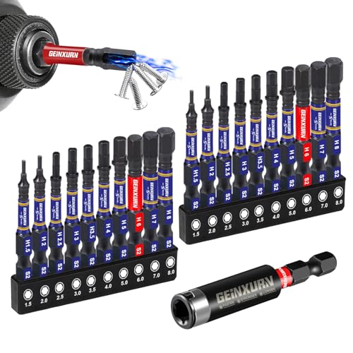 Geinxurn Sechskant Bit Set, 20 Stück Hex(1.5-8mm) 50mm 1/4 zoll Sechskantschaft S2 Legierter Stahl Schlagfester Schrauber Bitsatz mit 1 Stück 60mm Magnetisch Bit-Halter von GEINXURN