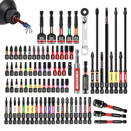 Geinxurn Schlagschrauber-Bit-Set, magnetisch, S2-Stahl, Kreuzschlitz, Vierkant, Torx, Sechskant, mit Schlag-Bithalter und Schlagmutter-Schraubendreher und Mini-Schraubenschlüssel, 82-teilig von GEINXURN