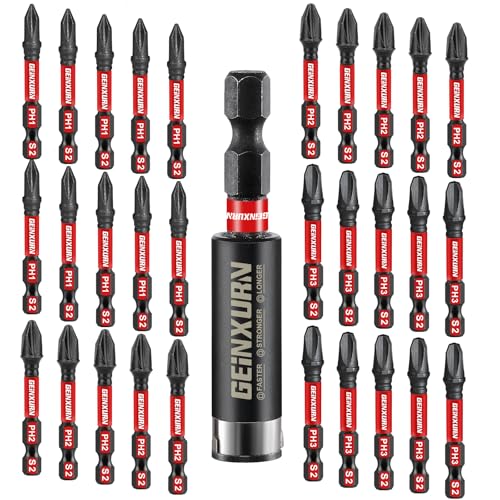 Geinxurn Schrauber Bit Set #1#2#3 Phillips, 30 Stück PH1 PH2 PH3 50mm 1/4 zoll Sechskantschaft S2 Legierter Stahl Schlagfester Bitsatz mit 1 Stück 60mm Magnetisch Bit-Halter, Bulk Geinxurn Schrauber Bit Set #1#2#3 Phillips, 30 Stück PH1 PH2 PH3 50mm 1/4 zoll Sechskantschaft S2 Legierter Stahl Schlagfester Bitsatz mit 1 Stück 60mm Magnetisch Bit-Halter, Bulk von GEINXURN