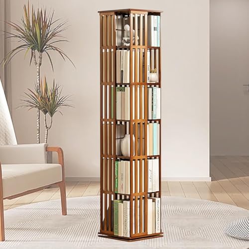 5/6-Stufe rotierende Bücherschrank-Bambus bodenstehendes Bücherregal Acryl Bibliothèques Drehbares Regal platzsparendes drehendes bücherschrank turm Aufbewahrungsregal,Brown-6Tier von GEJLELDS