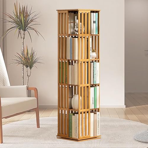 5/6-Stufe rotierende Bücherschrank-Bambus bodenstehendes Bücherregal Acryl Bibliothèques Drehbares Regal platzsparendes drehendes bücherschrank turm Aufbewahrungsregal,WoodColor-5Tier von GEJLELDS