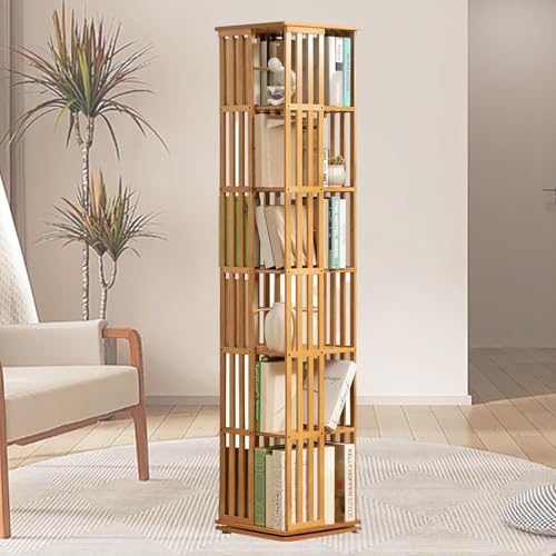 5/6-Stufe rotierende Bücherschrank-Bambus bodenstehendes Bücherregal Acryl Bibliothèques Drehbares Regal platzsparendes drehendes bücherschrank turm Aufbewahrungsregal,WoodColor-6Tier von GEJLELDS