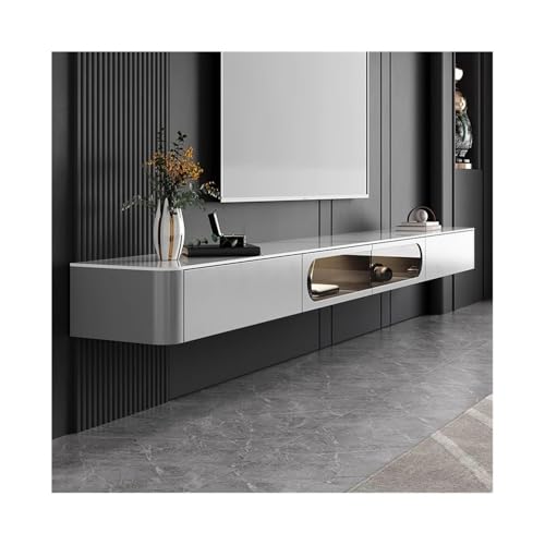 Tv Schrank Schwebender TV-Ständer mit Steinplatten-Schreibtischplatte, moderner grauer Medienkonsolen-Aufbewahrungsschrank unter dem Fernseher, wandmontierte TV-Einheit mit 2 Glastüren und 2 Schublade von GEK208130