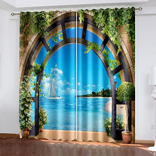 Blickdichte Gardinen Verdunkelungsvorhang Ösenvorhang 3D Gedruckt Curtain Natürliche Landschaft Coconut Seagull Beach 166cm lang 150cm Breite Polyester Geräuschreduzierung Vorhang Für Zimmer Büro von GELOUT