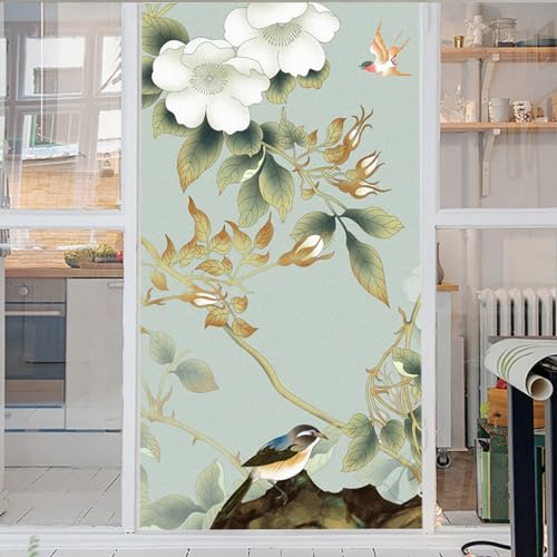 Blumen 3D Fensterfolie Vögel Fensterfolien Selbstklebende Folien Blickdicht Glasaufkleber Statisch Selbsthaftend Ohne Kleber Uv Schutz Fensterfolie Milchglas 50x100cm von GELOUT