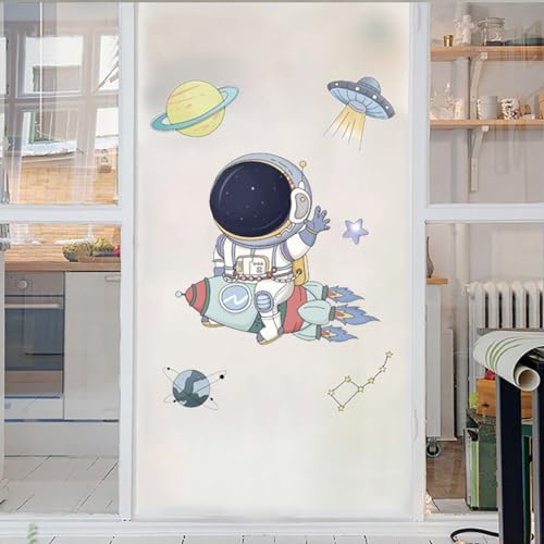 Fensterfolie Selbsthaftend Blickdicht Astronaut Und Raumschiff Sichtschutzfolie Fensterfolie Anti-Uv Dekorfolie Statisch Fensteraufkleber Für Wohnzimmer Küche Büro 50x120cm von GELOUT