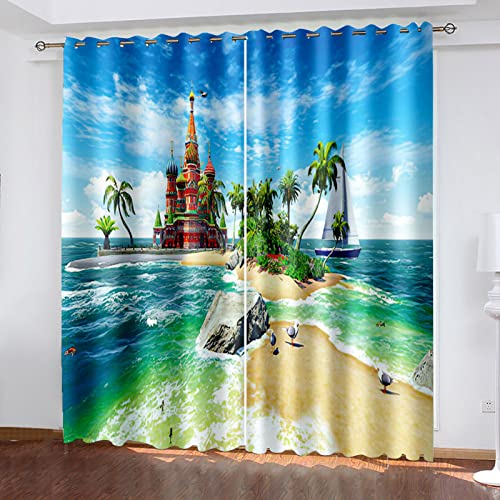 GELOUT Gardinen Curtain Natürliche Landschaft Coconut Seagull Beach 240cm lang 270cm Breite 2Er Set Vorhang Blickdicht Schal 3D Gardine Blickdichte Mit Ösen Printing Shading Vorhänge von GELOUT