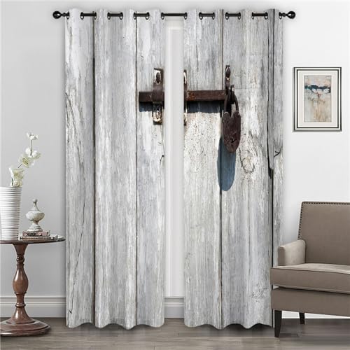 GELOUT Vorhang Blickdicht 3D 2Er Set Curtain Scheunentür Aus Holz 183cm lang 116cm Breite Gardine Lichtundurchlässig Fenstervorhang Wohnzimmer Schlafzimmer von GELOUT