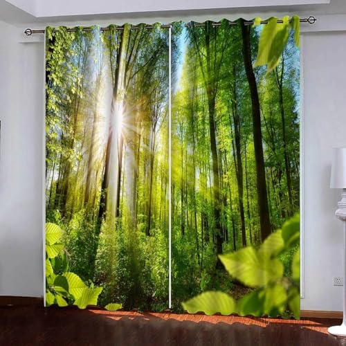 Gardinen Blickdichter 3D Curtain Grüner Wald 214cm lang 264cm Breite 2Er Set Vorhang Verdunkelung Mit Ösen Für Schlafzimmer Wohnzimmer von GELOUT