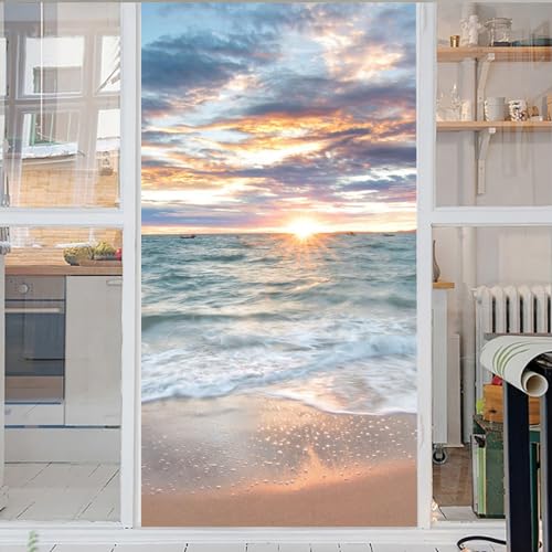 Meer 3D Fensterfolie Strand Fensterfolien Selbstklebende Folien Blickdicht Glasaufkleber Statisch Selbsthaftend Ohne Kleber Uv Schutz Fensterfolie Milchglas 50x120cm von GELOUT
