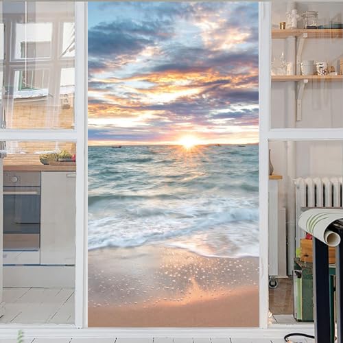 Meer Fensterfolie Motiv Strand 3D Fensterfolie Blickdicht Glasaufkleber Statisch Selbsthaftend Ohne Kleber Uv Schutz Fensterfolie Milchglas 50x100cm von GELOUT