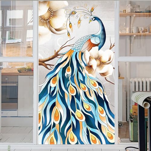 Pfau 3D Fensterfolie Window Film Milchglasfolie Fenster Sichtschutzfolie Blickdicht Dekorfolie Vogel Glasaufkleber Statisch Selbsthaftend Ohne Kleber Uv Schutz 50x100cm von GELOUT