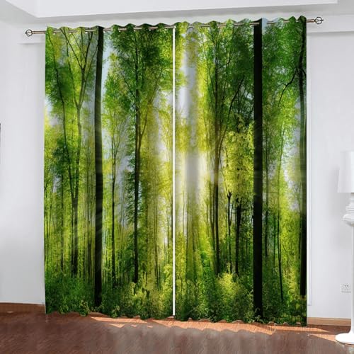 Vorhang Blickdicht 3D Curtain Grüner Wald 245cm lang 140cm Breite Wohnzimmer Gardinen Lichtundurchlässig Fenstervorhang Schlafzimmer von GELOUT