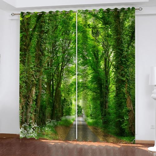 Vorhiange Blickdicht Mit Motiv Fuir Das Schlafzimmer Grüner Wald 214cm lang 264cm Breite 3D Gedruckt Gardinen Mit Osen 3D Muster Wohnzimmer Schlafzimmer von GELOUT