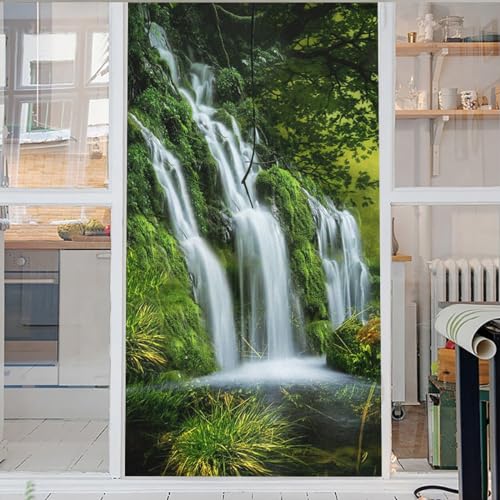 Wasserfall 3D Fensterfolie Baum Fensterfolien Selbstklebende Folien Blickdicht Glasaufkleber Statisch Selbsthaftend Ohne Kleber Uv Schutz Fensterfolie Milchglas 50x200cm von GELOUT