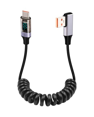 GELRHONR Spiralkabel USB A auf USB C Kabel mit LED Anzeige 66W,90 Grad USB C Android Auto Ladekabel Schnelllade für Telefone, Tablets, Powerbank Biegsam&Robust von GELRHONR