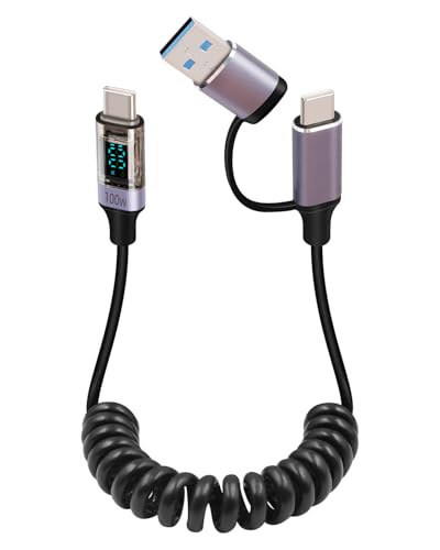 GELRHONR Spiralkabel USB A/C auf USB C mit LED-Anzeige, PD 100W Schnellladung 2 in 1 Rectactble Typ C Ladekabel für Telefone, Tablets, Power Bank und mehr von GELRHONR