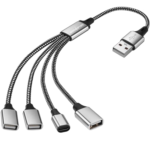 GELRHONR USB Splitter Y Kabel, USB A Stecker auf 4 Buchsen Verlängerungskabel mit USB C Buchse, USB Splitter 4 Ports für Drucker/USB Tastatur/Flash Drive/Laptop/LED-0,3M (1 to 4) von GELRHONR