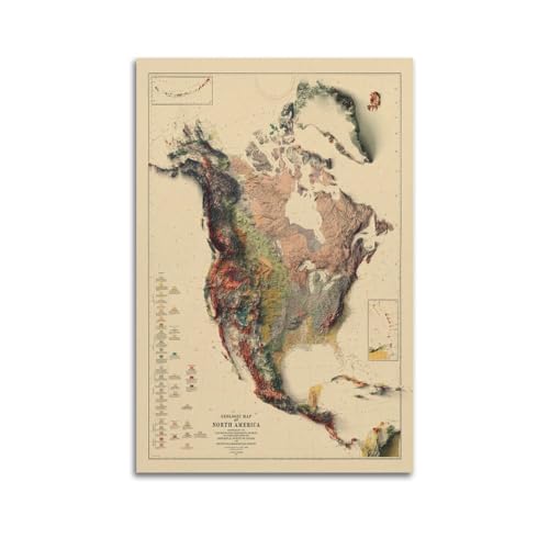 GELS Nordamerika-Karte Vintage Relief Karte Poster Dekorative Malerei Leinwand Kunst Bild 50 x 75 cm von GELS