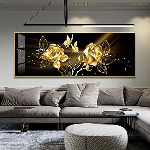 GELYX Schwarz Goldene Rose Blume Schmetterling Wandkunst Leinwand Malerei Posterdruck Horizonta Bild für Schlafzimmer Dekor 50x150cm Rahmenlos von GELYX