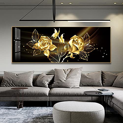 GELYX Schwarz Goldene Rose Blume Schmetterling Wandkunst Leinwand Malerei Posterdruck Horizonta Bild für Schlafzimmer Dekor 60x180cm Rahmenlos von GELYX