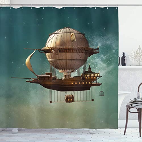 3D Fantasy Duschvorhang Surrealer Himmel Landschaft Steampunk Luftschiff Sci Fi Stardust Weltraumbild Badezimmerdekoration mit 12 Haken Wohnkultur 120x213cm(47X84inch) von GEMMII