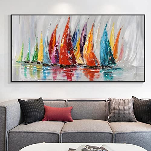 Abstrakte bunte Segel Bild auf Leinwand XXL bunte Landschaft Ölgemälde Poster und Druck Wandkunst für Wohnzimmer 75 x 152 cm rahmenlos von GEMMII